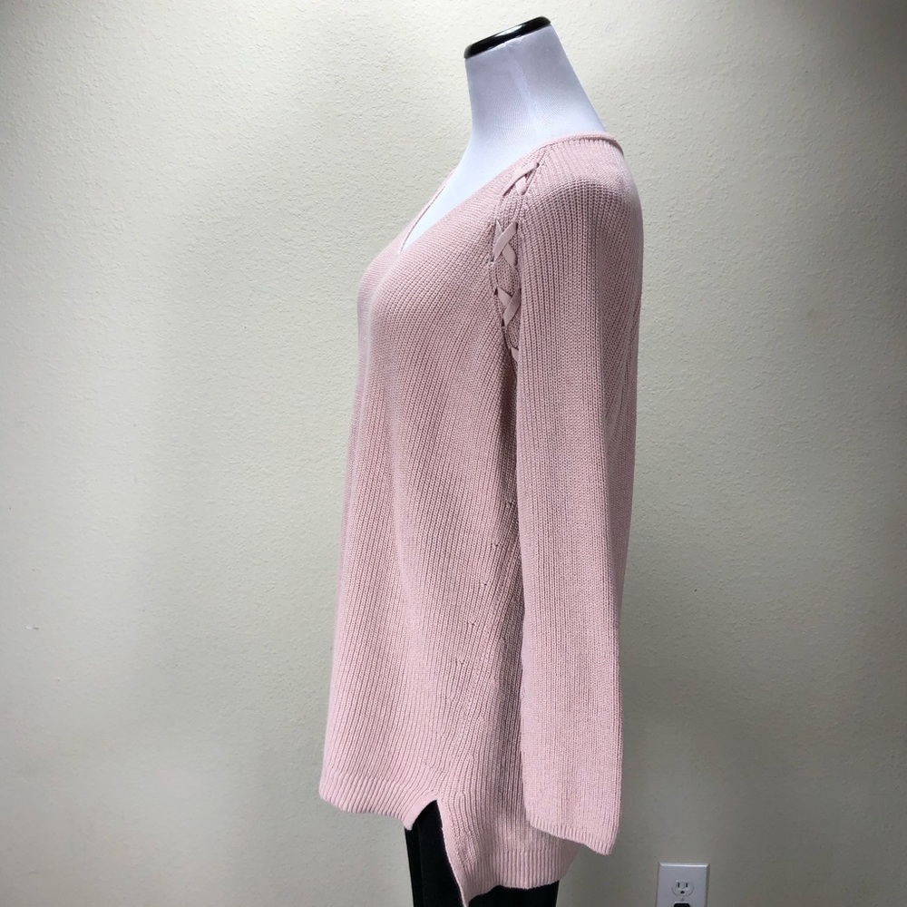 A.N.A Pink Long Sleeve V-Neck Cable Knit Sweater - Picture 2 of 7